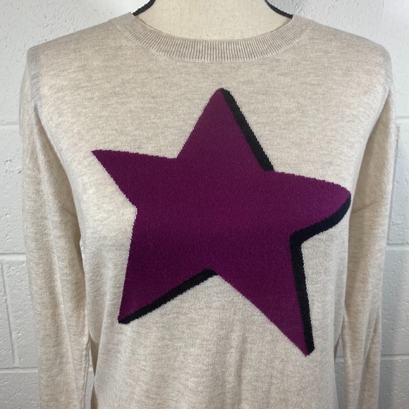 Halogen Star Print Zip back Cream Crewneck Sweater Knit Pullover Jumper - Picture 2 of 11